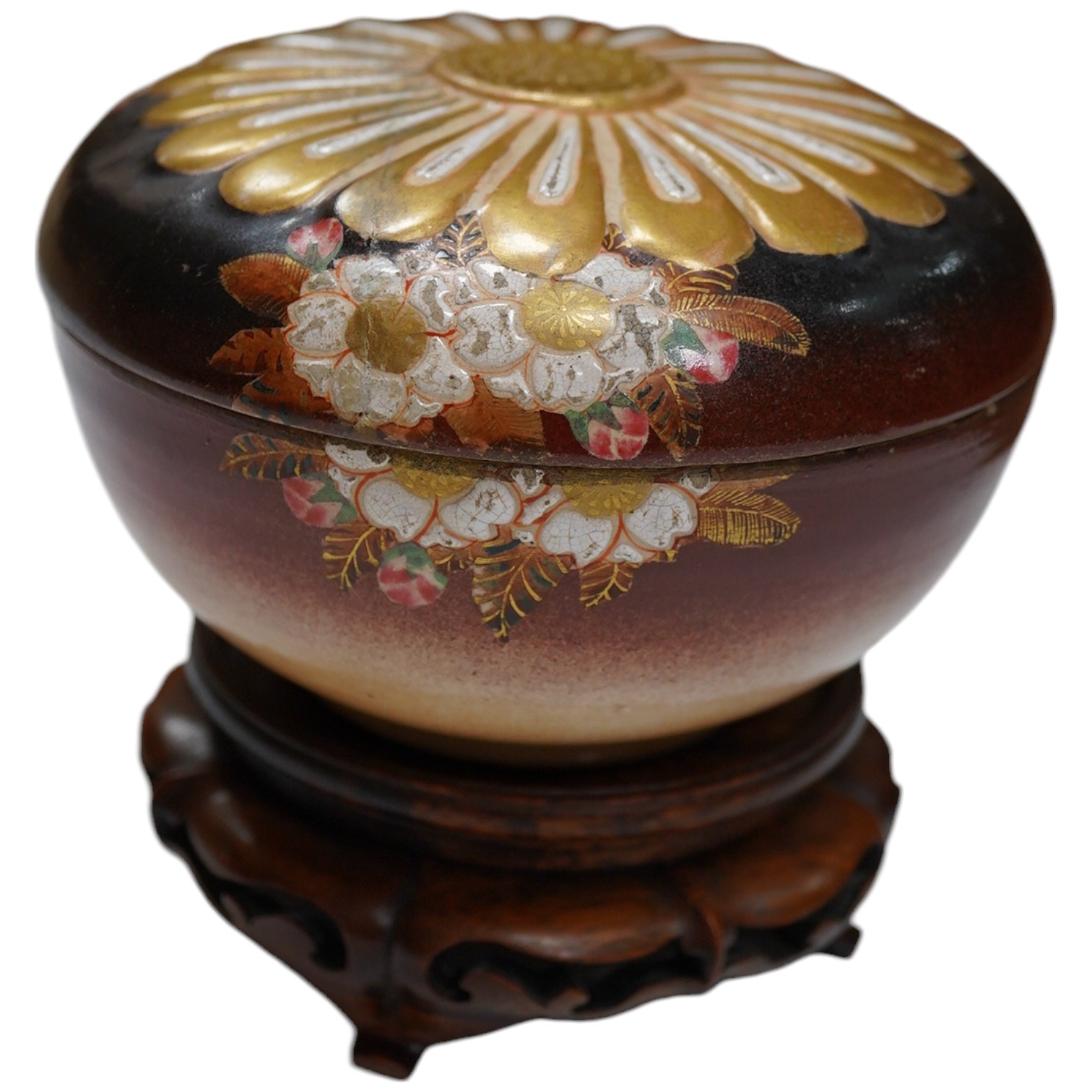 A Japanese Satsuma pottery box and cover on stand, box and cover 14.5cm diameter. Condition - crack to bowl of box and some scratches to surface glazing